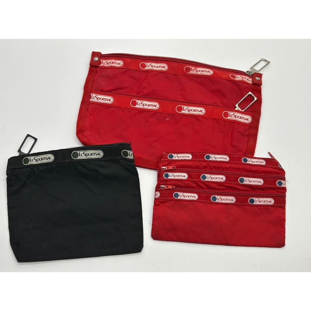 Vtg Lot of 3 Le Sportsac Black Red Cosmetic‎ Toiletry Accessory Nylon Bags USA